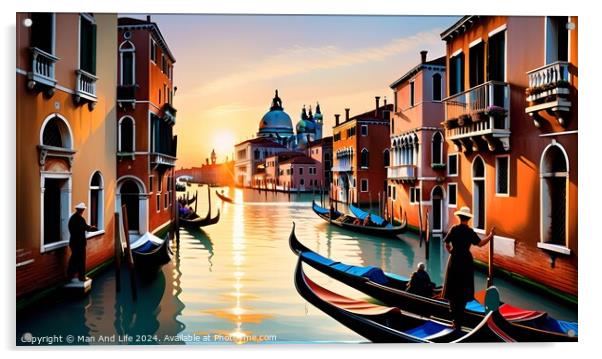 Scenic view of the Grand Canal in Venice with gondolas and historic buildings during sunset, reflecting the warm glow of the sun on the water. Acrylic by Man And Life