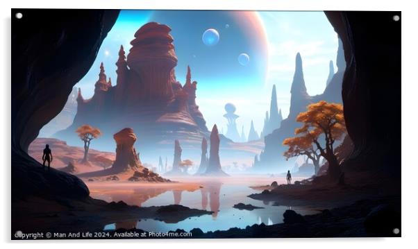 Surreal alien landscape with towering rock formations, a reflective water body, trees, and a human silhouette, under a sky with large planets and floating bubbles. Acrylic by Man And Life