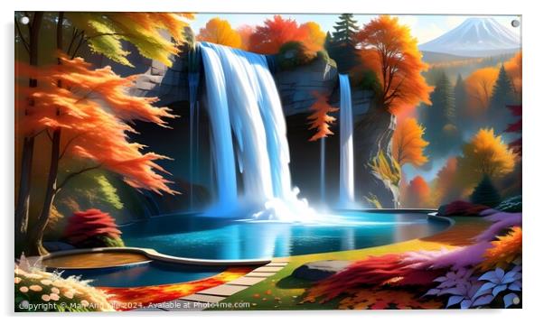 Vibrant digital art of a serene waterfall with autumn-colored trees and a tranquil blue pond, set against a backdrop of a distant mountain and clear sky. Acrylic by Man And Life