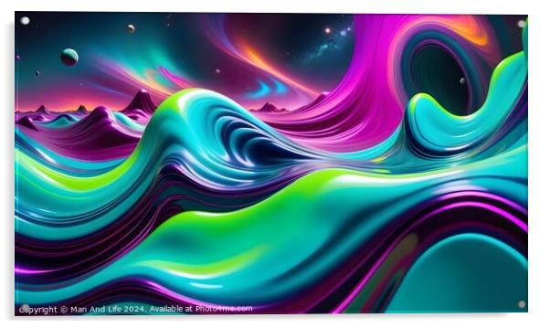 Vibrant abstract wave background with a fluid, dynamic mix of neon colors and 3D rendering, suitable for modern design themes. Acrylic by Man And Life