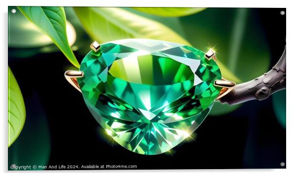 Brilliant green gemstone with facets reflecting light, elegantly held by prongs in a setting, against a backdrop of lush leaves and dark background. Acrylic by Man And Life