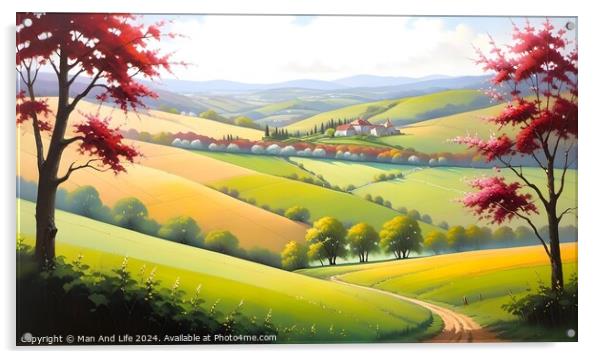 Idyllic landscape painting with vibrant rolling hills, a winding path, and red trees under a sunny sky, perfect for backgrounds or tranquil scenes. Acrylic by Man And Life