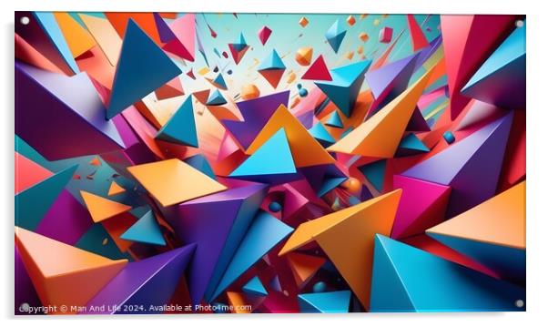 Vibrant 3D render of colorful geometric shapes exploding with dynamic motion, suitable for abstract backgrounds. Acrylic by Man And Life