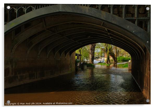 Scenic view under an old stone bridge with intricate arches, reflecting on a tranquil water surface, surrounded by lush greenery in a serene park setting in York, North Yorkshire, England. Acrylic by Man And Life