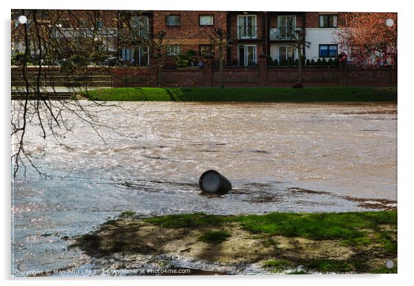 Polluted river with a discarded tire floating on the water's surface, highlighting environmental issues, with urban buildings in the background on a sunny day in York, North Yorkshire, England. Acrylic by Man And Life