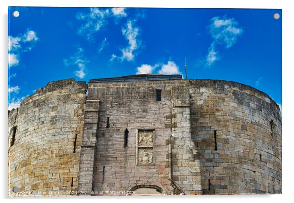 Medieval stone fortress against a vibrant blue sky with fluffy clouds, showcasing ancient architecture and historical military construction in York, North Yorkshire, England. Acrylic by Man And Life