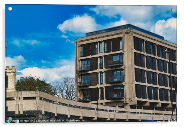 Modern urban apartment building with balconies against a blue sky with fluffy clouds. Architectural exterior of residential structure in a city setting in York, North Yorkshire, England. Acrylic by Man And Life