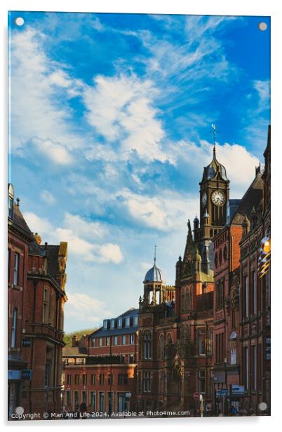Vintage European architecture with a prominent clock tower under a vibrant blue sky with wispy clouds, capturing the essence of historic urban charm in York, North Yorkshire, England. Acrylic by Man And Life