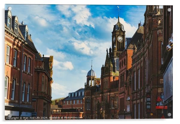 Historic European architecture with a clock tower under a blue sky with clouds. Old buildings with intricate details in a cityscape in York, North Yorkshire, England. Acrylic by Man And Life