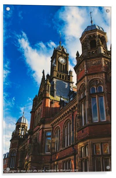 Gothic architecture of a historic building with a prominent clock tower against a blue sky with clouds in York, North Yorkshire, England. Acrylic by Man And Life