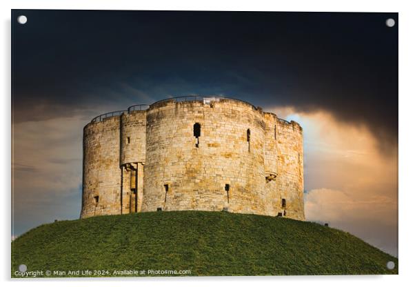 Dramatic sky over an ancient stone fortress atop a lush green hill, symbolizing historical strength and medieval architecture in York, North Yorkshire, England. Acrylic by Man And Life
