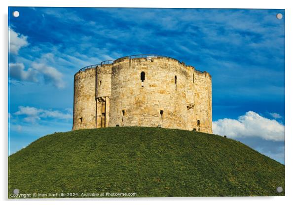 Medieval stone tower atop a lush green hill against a vibrant blue sky with fluffy clouds, symbolizing historical fortification and ancient architecture in York, North Yorkshire, England. Acrylic by Man And Life