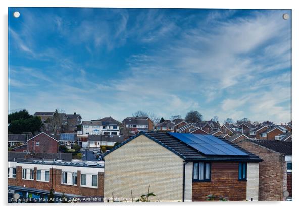 Suburban landscape with residential houses featuring solar panels under a dynamic blue sky with wispy clouds, showcasing sustainable living in a modern neighborhood in Harrogate, North Yorkshire. Acrylic by Man And Life