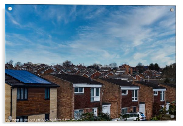 Suburban landscape with rows of British houses, featuring solar panels on roofs under a dynamic blue sky with wispy clouds in Harrogate, North Yorkshire. Acrylic by Man And Life