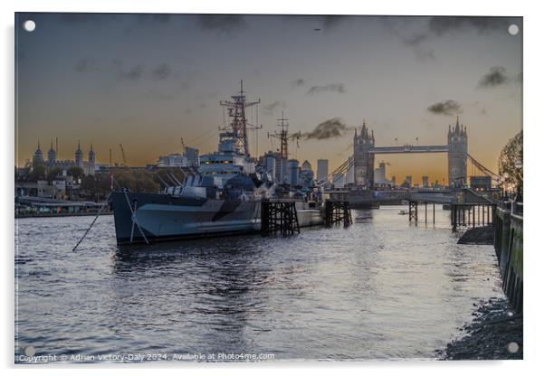 HMS Belfast, moored by Tower Bridge, London Acrylic by Adrian Victory-Daly