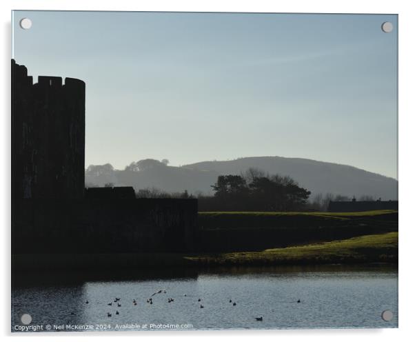 Caerphilly Castle at sunrise  Acrylic by Neil McKenzie