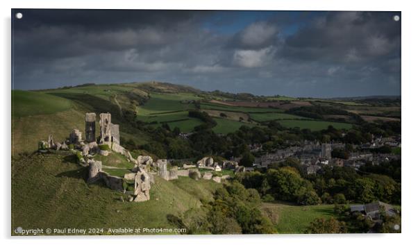 Corfe Castle from West Hill, Dorset, UK Acrylic by Paul Edney