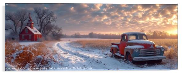 A weather worn American pick-up truck parked near an old church at sunset during winter. Acrylic by Stephen Hippisley
