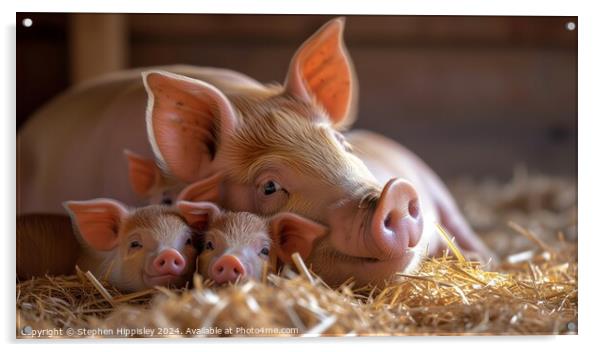 Young piglets resting with mother. Acrylic by Stephen Hippisley
