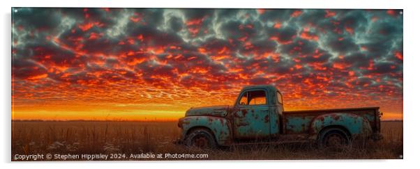 A panoramic image of a vintage pick-up truck during sunset. Acrylic by Stephen Hippisley