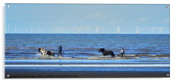 Horses trotting in the sea, Solway Firth.  Acrylic by Phil Brown