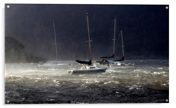 Storms on Windermere for moored yachts. Acrylic by Phil Brown