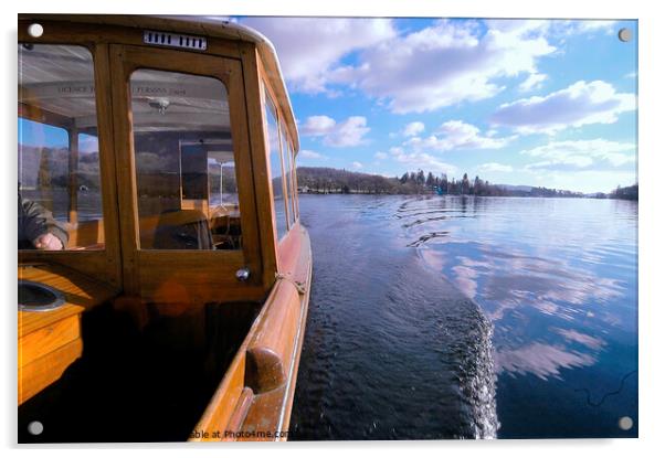 Wooden boat cruising on Windermere, Lake Distict. Acrylic by Phil Brown