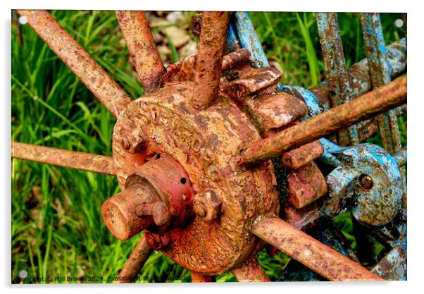 Very rusty horse drawn, hay rake wheel hub. Acrylic by Phil Brown