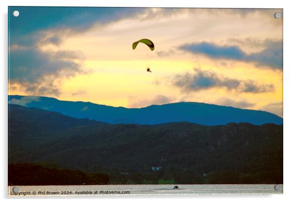 Paraglider flies above Windermere at dusk. Acrylic by Phil Brown