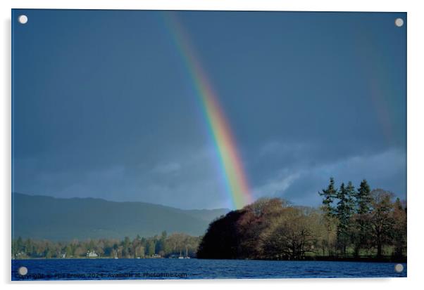 Dramatic rainbow on Windermere. Acrylic by Phil Brown