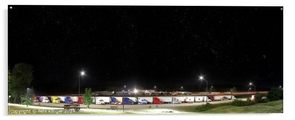 Night Rest, clear night sky, with stars, over transporters lined up, parked Acrylic by Pete Klinger