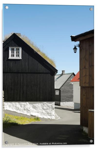 Traditional Faroese Houses with Grass Roofs in Sunlight Acrylic by FocusArt Flow