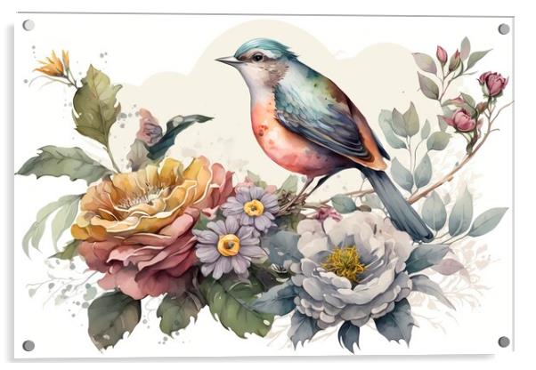 Vintage watercolor painting of flowers and bird Acrylic by Mirjana Bogicevic