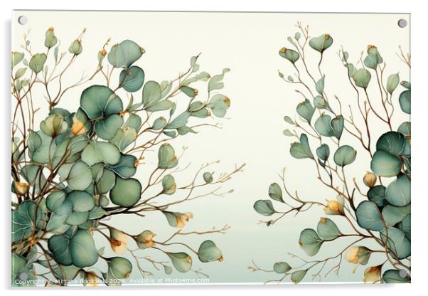Green foliage border on the white background, created with gener Acrylic by Mirjana Bogicevic