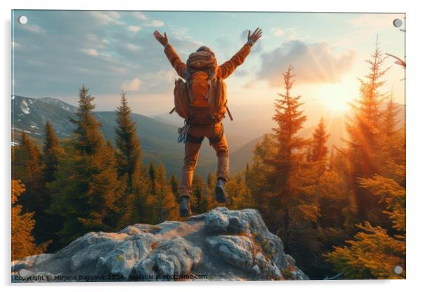 Jubilant Hiker Celebrates Sunset Atop a Mountainous Vista Acrylic by Mirjana Bogicevic