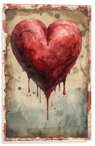 Elegant Symphony of Love, A Flourishing Red Heart Acrylic by Mirjana Bogicevic