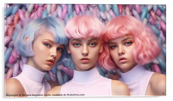 Three modern futuristic short hair young women Acrylic by Mirjana Bogicevic