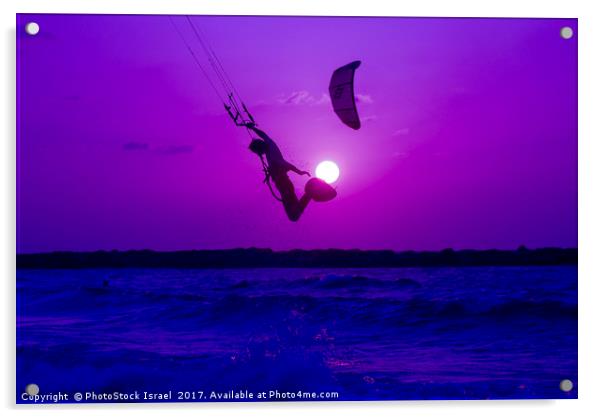 Kite surfing at sunset Acrylic by PhotoStock Israel