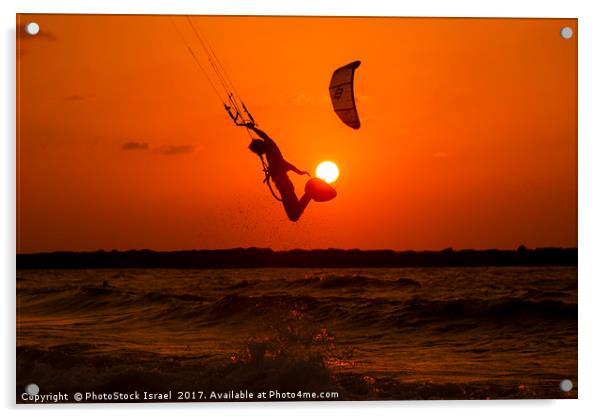 Kite surfing at sunset Acrylic by PhotoStock Israel