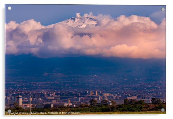Mount Etna towering over a City Acrylic by mick gibbons