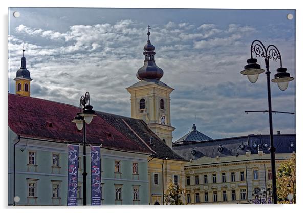 City Hall near Chatolic Cathedral Sibiu Romania Acrylic by Adrian Bud