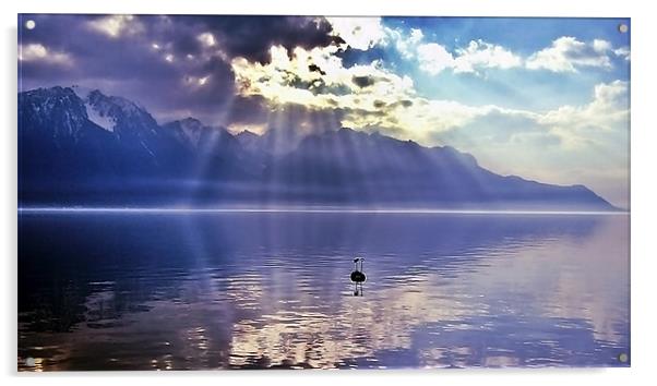 Sunbeams Over Lake Geneva, Switzerland. Acrylic by Aj’s Images