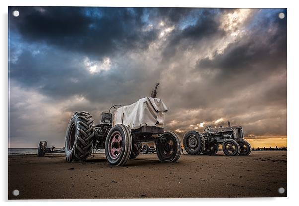 Two tractors on Overstrand Beach Acrylic by Stephen Mole