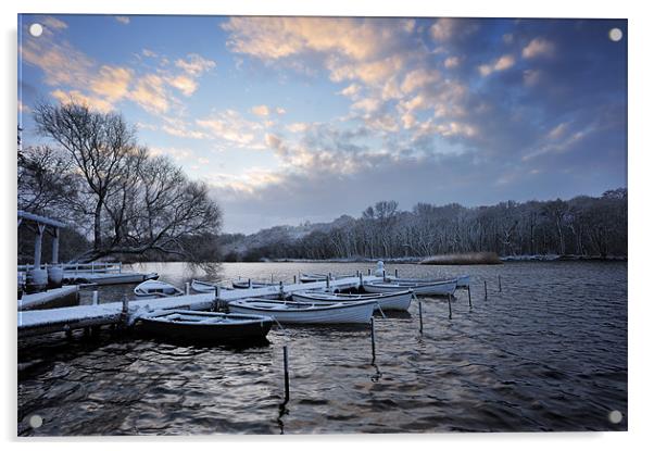 Rowing boats in Snow Acrylic by Stephen Mole