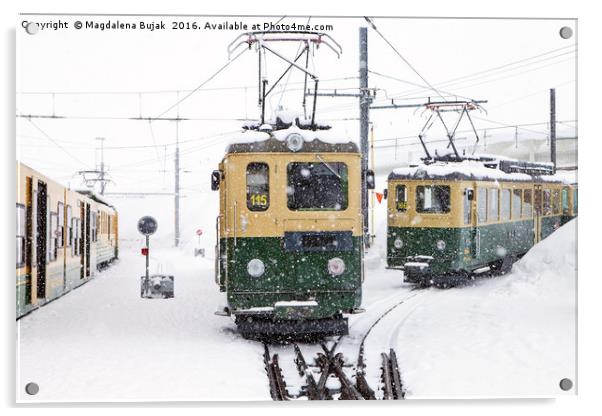 Trains in heavy snow at Kleine Scheidegg station Acrylic by Magdalena Bujak