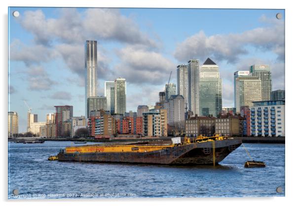 Canary Wharf Barge  Acrylic by Rob Hawkins