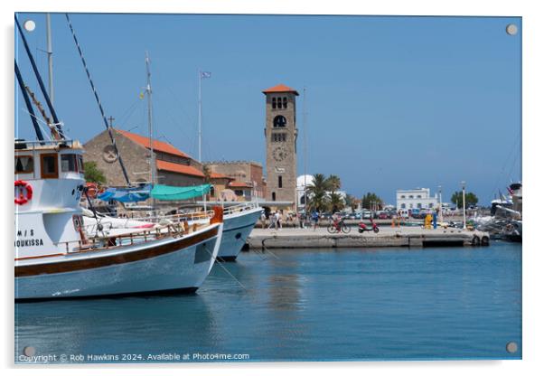 Rhodes Harbour Clock Tower Acrylic by Rob Hawkins