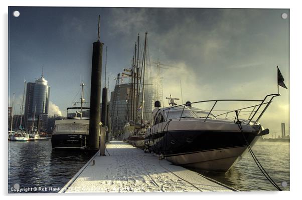 Yachts the city & snow Acrylic by Rob Hawkins