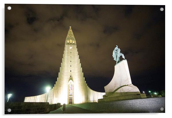 reykjavik church tower by night Acrylic by Rob Hawkins