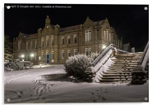 Nightwalk in Snow, Arbroath Old High School. Acrylic by Douglas Kerr